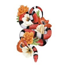 a snake with flowers on it's head is shown in this watercolor painting