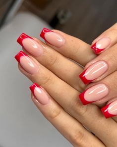 Red Tip Nails, Red French Tip, Red Tips, Short French, Red Acrylic Nails, Red French, French Tip Acrylic Nails, Casual Nails, Short Square Acrylic Nails