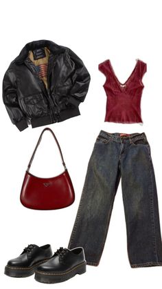 a woman's outfit including jeans, jacket and handbag