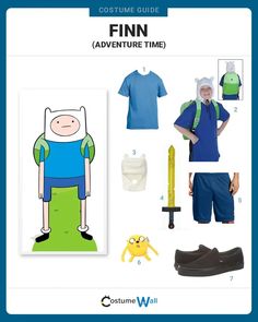 the costume guide for finn from adventure time is shown in blue and has green accents