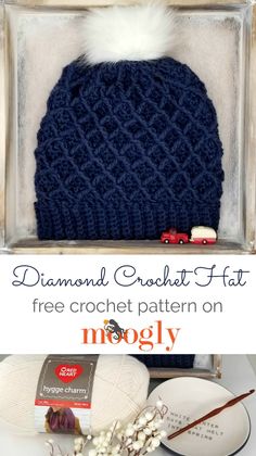 a crochet hat is in a box with the text, free crochet pattern on moogly