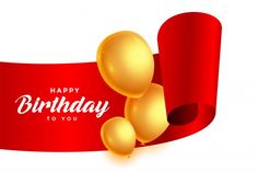 happy birthday card with balloons and red ribbon