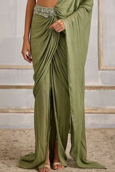 Sage green pre-draped saree with sequin, cutdana, bead embroidered waistband and detachable drape. Paired with sleeveless embroidered padded blouse. - Aza Fashions Green Silk Pre-draped Saree, Green Pre-draped Saree For Reception, Festive Green Pre-draped Saree, Drape Saree, Hem Blouse, Beaded Neckline, Sweetheart Neck, Floral Embroidery, Aza Fashion