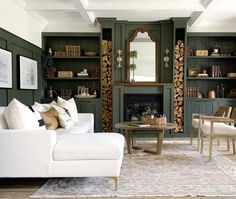 a living room filled with furniture and a fire place in the middle of a room