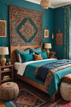 a bed room with a neatly made bed and rugs on the wall above it