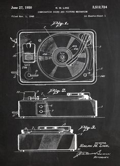 a black and white drawing of an old record player