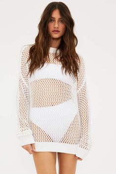 Hilary Sweater White | Cover Up Top | Beach Riot White Sheer Beachwear Cover-up, Chic Long Sleeve Loungewear Cover-up, Summer Beach Fishnet Mesh Top, White Long Sleeve Poolside Cover-up, Sheer Mesh Top For Beach In Summer, Sheer Mesh Top For Beach Summer, Long Sleeve Beachy Swimwear For Beach Season, Beachy Long Sleeve Swimwear For Beach Season, Sheer White Swimwear For Beach Season