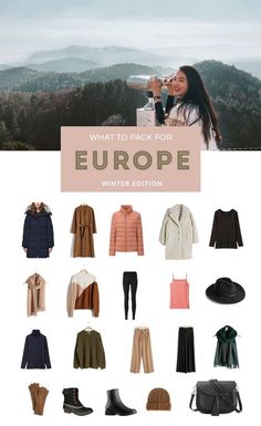 the travel guide for europe with text overlay that reads what to pack for europe winter edition