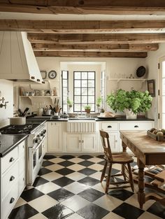 Cozy Farmhouse Kitchen Ideas: Checkerboard Floor and Artifacts Small Kitchen Black And White Floor, Grey And White Kitchen Floor, Checkboard Floor Kitchen, Classic Kitchen Flooring Ideas, Harlequin Floor Kitchen, Modern Farmhouse Cottage Kitchen