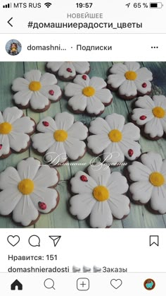 the cookies are decorated with white and yellow flowers