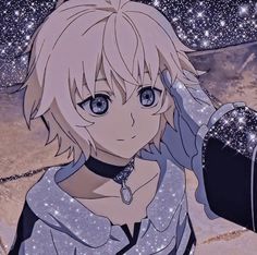 an anime character with blonde hair and blue eyes, wearing a silver shirt in front of stars