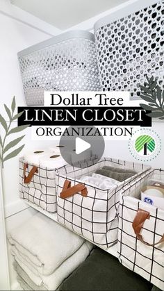 dollar tree linen closet organization with white baskets and brown ribbon on the bottom, along with text overlay that reads dollar tree linen closet organization