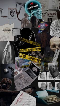 a collage of photos with various items including a skull, keyboard and other things