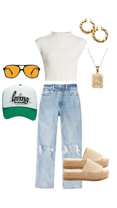 Summer Style Outfit Idea | Trucker Hat Outfit #outfitinspo #truckerhat #vibes #summer Classy Coastal Outfit, Girly Summer Outfits Classy, Trucker Hat Outfit Summer, La Outfit Ideas, Trucker Hat Outfit Women, Summer Transition Outfits, Trucker Hat Aesthetic, Spring Transition Outfits, Summer Outfit 2023