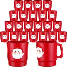 a large number of red cups with santa claus faces on them, all full of coffee mugs