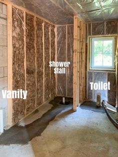 a room that is being remodeled with the words shower stall, toilet and window in it