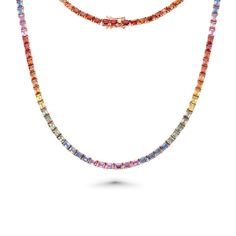 Rainbow Multi Color Sapphire Emerald Cut Tennis Necklace (25.00 ct.) 4-Prongs Setting in 14K Gold Luxury Multicolor Multi-stone Necklaces, Luxury Round Multicolor Necklaces, Luxury Multicolor Round Necklace, Luxury Multicolor Round Necklaces, Multicolor Multi-stone Fine Jewelry, Fine Multicolor Multi-stone Jewelry, Luxury Multicolor Jewelry For Gift, Dope Jewelry Accessories, Diamond Tennis Necklace