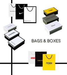 bags and boxes are stacked on top of each other with the words, bag & box's