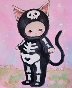 a painting of a cat wearing a skeleton costume