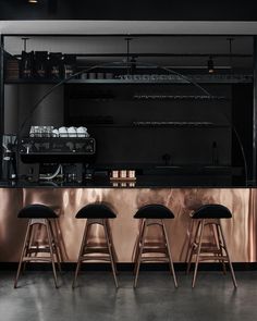 three bar stools are in front of the counter