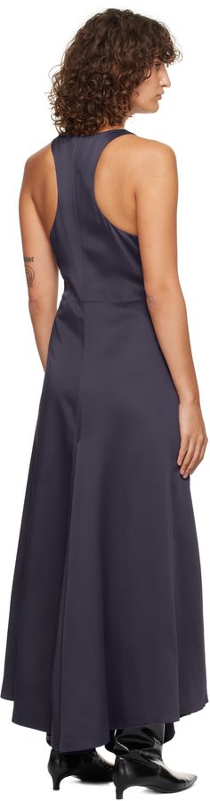 Acetate satin midi dress. · Pleats at plunging V-neck and waist · Seam pockets · Concealed zip closure at side · Asymmetric hem · Racer back · Godet panel at back hem · Full crepe de chine lining Supplier color: Ink blue Formal A-line Midi Dress With Bias Cut, A-line Bias Cut Midi Dress For Formal Occasions, Formal A-line Bias Cut Midi Dress, Silk A-line Midi Dress With Bias Cut, Silk Midi Dress With Asymmetrical Hem For Formal Occasions, Formal Silk Midi Dress With Asymmetrical Hem, Formal Satin A-line Midi Dress, A-line Satin Midi Dress In Bias Cut, Formal Knee-length Satin Dress