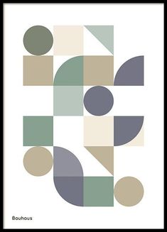 an abstract poster with circles and shapes in grey, green, beige and white colors