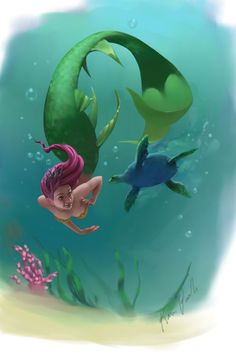 the little mermaid is swimming in the ocean with her turtle friend and another sea animal