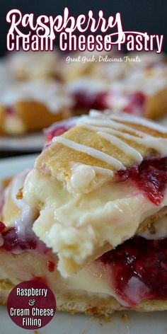 raspberry cream cheese pastry on a plate with the words raspberry cream cheese pastry