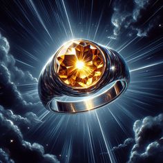 a ring with an orange diamond in the center surrounded by clouds and blue skys