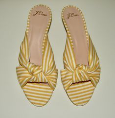 J. Crew size 8 warm sun (yellow/white) striped knotted kitten heels, style #L5220, new with box from J. Crew Not a wholesale item! Fabric uppers, leather and textile lining, synthetic soles Thanks for looking; please check out my other items, too :-) Sun Yellow, Kitten Heel Sandals, Christmas Collectibles, Yellow Stripes, Kitten Heel, Summer Colors, Color Themes, Heel Sandals, Yellow White