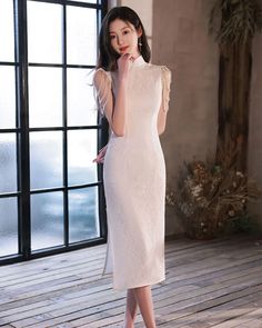 Qipao Gown Evening Dress With Shoulder Tassel - Weqipao Formal Fitted Dress With Tassels, Elegant Fitted Dress With Tassels, White Wedding Dresses With Tassels, Elegant Sleeveless Cheongsam For Evening, Elegant Sleeveless Evening Cheongsam, Elegant Sleeveless Dress With Tassels, White Evening Dress With Tassels, Elegant Ao Dai With Stand Collar For Party, Elegant Short Sleeve Ao Dai For Evening