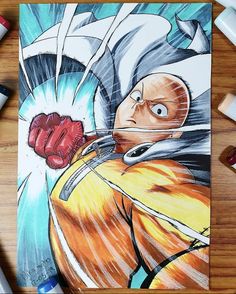 a drawing of the character naruto with his fist out and two markers next to it