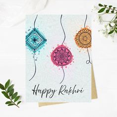 an image of a happy radish card on a table with flowers and greenery