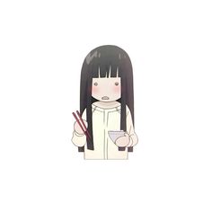 a girl with long black hair holding chopsticks and a drink in her hand