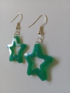 Star resin earrings made with green mica powder and hypoallergenic earring hooks Green Star Earrings For Pierced Ears, Handmade Green Star-shaped Jewelry, Green Star-shaped Handmade Jewelry, Rectangle Earrings, Holographic Glitter, Mica Powder, Resin Earrings, Hypoallergenic Earrings, Earring Hooks