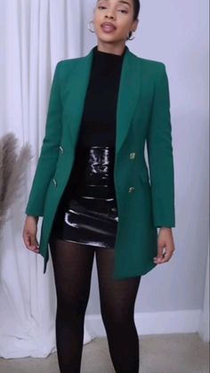 Workplace Outfits For Black Women, Outfit Ideas For Retail Job, High Boot Skirt Outfit, Monochrome Blazer Outfit, Green Blazer Outfits For Women Winter, Classy Work Outfits Women Winter, Business Casual Outfits For Women Work Classy, Baddie Job Interview Outfit, Leather Wide Leg Pants Outfit Work