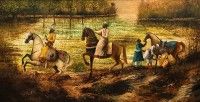 an oil painting of people riding horses in a field