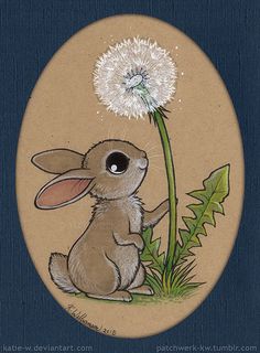 a painting of a rabbit sitting next to a dandelion