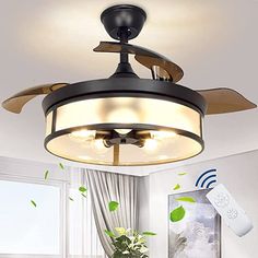 a living room with a ceiling fan and remote control