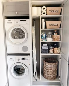 a washer and dryer sitting in a closet next to each other on shelves