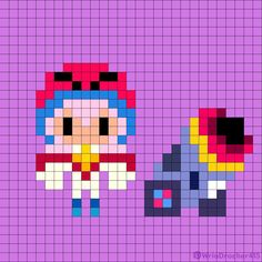 an image of two pixelons that are on a purple background and one is wearing a red hat