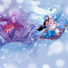 snow queen and prince flying through the air with their arms around each other in front of a snowy background