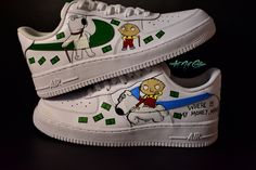 PRICE INCLUDES THE SHOES (BRAND NEW AF1 LOW) + THE ARTIST WORK + SHIPPING  FAMILY GUY * AF1 custom * hand-painted x airbrush * This custom is made to order, hand-painted shoes with professional paint Angelus Brand and with additives for this custom to last a long time. Also they are unique and no two pairs of shoes will have the exact same design. 🎁 At each order, you will receives as a gift some personalized stickers, depending on the theme of the custom, which you can apply on any clean surfa Air Force 1 Triple White, Af1 Custom, Artist Work, Custom Air Force 1, Hand Painted Shoes, Meme Design, Custom Football, Womens Wedding Shoes, Custom Nikes