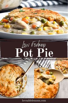 serving size chicken pot pie on a white plate, pie plate with a wooden spoon. Low Fodmap Chicken Pot Pie, Chicken Recipes Low Fodmap, Gluten Free Leftover Chicken Recipes, Ibs Friendly Food, Low Fodmap Chicken, Chicken Pie Recipe