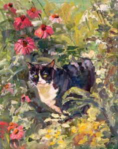 a painting of a black and white cat in flowers