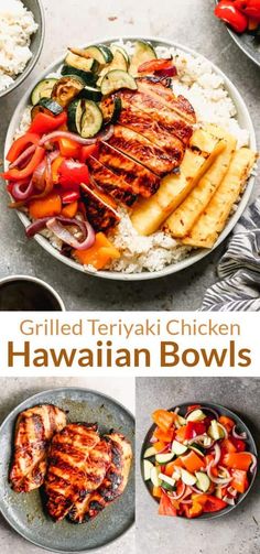 grilled teriyaki chicken hawaiian bowls with rice, cucumbers and peppers