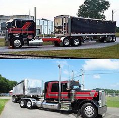 two pictures side by side of a semi truck and the same one with a trailer