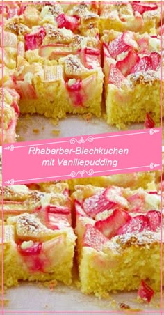 some kind of cake with strawberries on it and the words rahabber - bleckkuchen mit vanillepudding centre