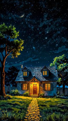 a painting of a house at night with stars in the sky