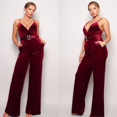 Stunning, New Burgundy Velvet Jumpsuit Featuring: Adjustable Spaghetti Straps, Crossover Front V-Neckline, Gathered Bust Detail, And Front Side Pockets With Rhinestone Buckled Belt & Back Zipper Closure. Quality Material That Soft And Stretchy With Material That Is Sexy, Form Fitting & Made To Hug Your Curves. Size: S (Us 4-6) Size: M (8-10) Size: L (12-14) Recommended Size: True To Size 95% Polyester 5% Spandex Ships In 5-7 Days Fitted Burgundy Jumpsuits And Rompers, Red Velvet Jumpsuit Outfit, Puma Jumpsuit, Red V-neck Jumpsuit For Night Out, Burgundy Velvet Jumpsuit, Madewell Jumpsuit, Red V-neck Jumpsuit And Romper, Red Printed V-neck Jumpsuit, Cold Shoulder Jumpsuit